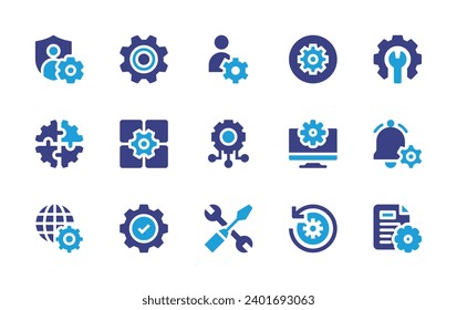 Setting icon set. Duotone color. Vector illustration. Containing cogwheel, settings, app settings, notification, management, privacy, gear, workshop, human resources, setting.