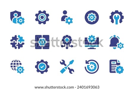 Setting icon set. Duotone color. Vector illustration. Containing cogwheel, settings, app settings, notification, management, privacy, gear, workshop, human resources, setting.