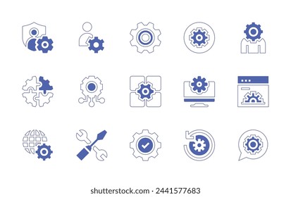 Setting icon set. Duotone style line stroke and bold. Vector illustration. Containing cogwheel, app settings, settings, privacy, gear, workshop, human resources, setting.