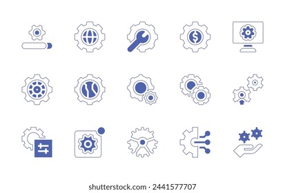 Setting icon set. Duotone style line stroke and bold. Vector illustration. Containing settings, setting, update, gear, server, global, settings notification.