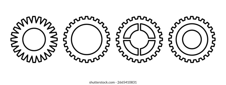 Symbolsatz wird festgelegt. Zahnradsymbol. Zahnrad-Symbolsatz. Perfekt für Webdesign, App-Schnittstellen, Infografiken und industrielle Illustrationen.