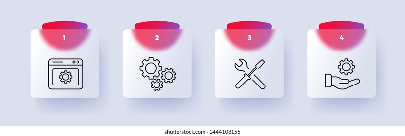 Setting icon set. Gear, website, tuning, hand, proposal, mechanism, configuration, screwdriver, wrench, tools, numbering, adjustment, optimization. Glassmorphism style.