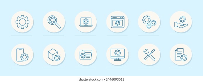 Setting icon set. Gear, website, tuning, hand, proposal, mechanism, configuration, screwdriver, wrench, tools, laptop, file, folder, monitor, phone, adjustment, optimization. Vector line icon.
