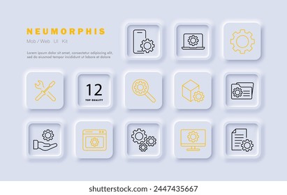 Setting icon set. Gear, website, tuning, hand, proposal, mechanism, configuration, screwdriver, wrench, tools, laptop, file, folder, monitor, phone, adjustment, optimization. Neomorphism style.