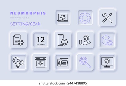Setting icon set. Gear, website, tuning, hand, proposal, mechanism, configuration, screwdriver, wrench, tools, laptop, file, folder, monitor, phone, adjustment, optimization. Vector line icon.