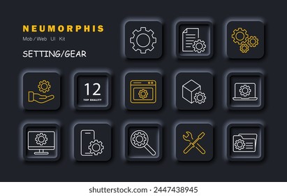 Conjunto de iconos de configuración. Engranaje, Sitio web, ajuste, mano, propuesta, mecanismo, configuración, destornillador, llave, herramientas, portátil, archivo, carpeta, monitor, teléfono, ajuste, optimización. Icono de línea de Vector.