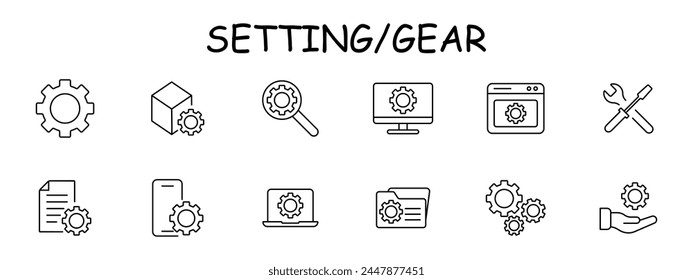 Einstellen des Symbolsatzes. Getriebe, Website, Abstimmung, Hand, Vorschlag, Mechanismus, Konfiguration, Schraubendreher, Schraubenschlüssel, Werkzeuge, Laptop, Datei, Ordner, Monitor, Telefon, Einstellung, Optimierung. Symbol für Vektorgrafik.