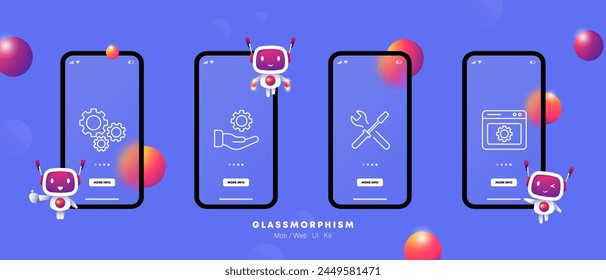 Setting icon set. Gear, website, tuning, hand, proposal, mechanism, configuration, screwdriver, wrench, tools, gradient, adjustment, optimization. Glassmorphism style.