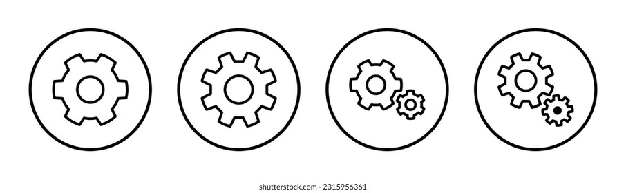 establecer la ilustración de conjunto de iconos. Símbolo y signo de configuración de código. Signo de engranaje