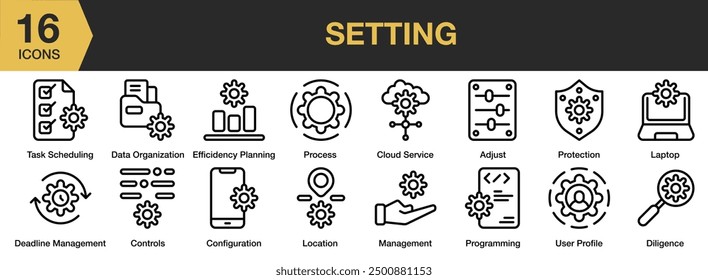 Setting icon set. Includes efficiency, laptop, location, process, programming, and More. Outline icons vector collection.