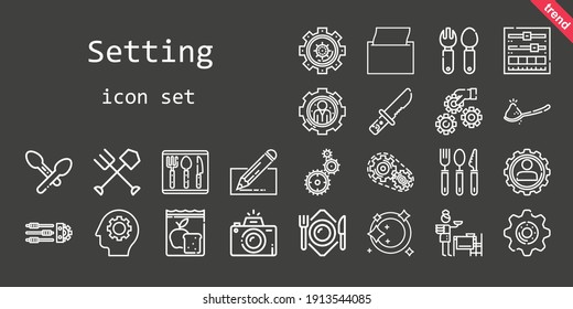 setting icon set. line icon style. setting related icons such as settings, edit, cutlery, the table, plate, meal, knife, fork, napkin, spoon, photography, gear