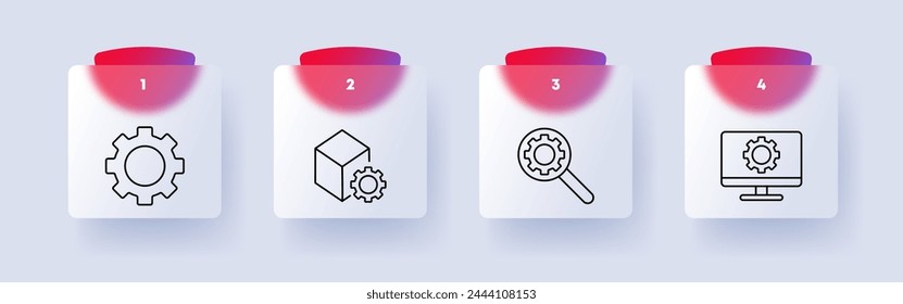 Setting icon set. Magnifying glass, gear, laptop, cube, square, numbering, computer, monitor, tuning, adjustment, optimization. Customizing something concept. Glassmorphism style.