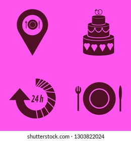 setting icon set with plate folk knife, location restaurant and update hours vector illustration