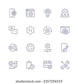 Setting icon set. Thin line icon. Editable stroke. Containing settings, development, chat, device, setup, checking, process, cogwheel, repairing, management, notification, coding, tools.