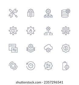 Setting icon set. Thin line icon. Editable stroke. Containing settings, setting, web settings, layers, restore settings, power settings.