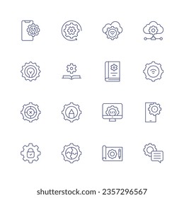 Setting icon set. Thin line icon. Editable stroke. Containing smartphone, cogwheel, cloud, cloud data, idea, book, guide, wifi, setting, settings.
