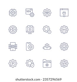 Setting icon set. Thin line icon. Editable stroke. Containing chip, error, gear, maintenance, digitalization, data processing, easy installation, operating system, settings.