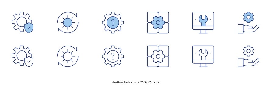 Conjunto de iconos de configuración en dos estilos, Duotone y estilo de línea fina. Trazo editable. Configuraciones del App, ordenador, engranaje, Configuraciones.
