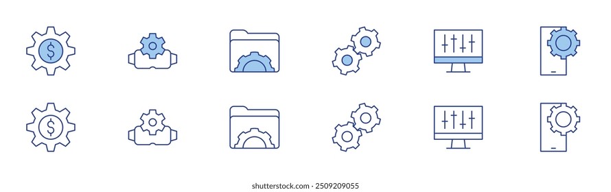 Setting icon set in two styles, Duotone and Thin Line style. Editable stroke. gears, settings, gear, folder.