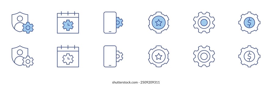 Setting icon set in two styles, Duotone and Thin Line style. Editable stroke. settings, privacy, time management, smartphone, cogwheel, setting.