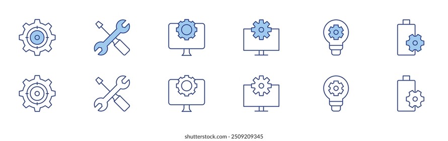 Definição do conjunto de ícones em dois estilos, Duotônico e Linha fina. Traço editável. configuração, ideia, configurações de energia, configurações, ferramentas, computador.