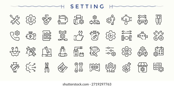 Conjunto de iconos de configuración. Paquete de iconos web. Colecciones de trazo editables. Conjunto de iconos de línea de engranajes. Relacionado con el engranaje, la instalación, el servicio, el sistema, la reparación, la máquina y más.