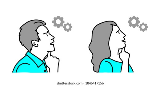 Setting icon and thinking man, woman. Vector illustration.