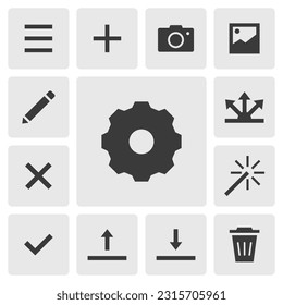 Setting icon vector design. Simple set of smartphone app icons silhouette, solid black icon. Phone application icons concept. Setting gear, menu, add, camera, share, upload, download, delete buttons
