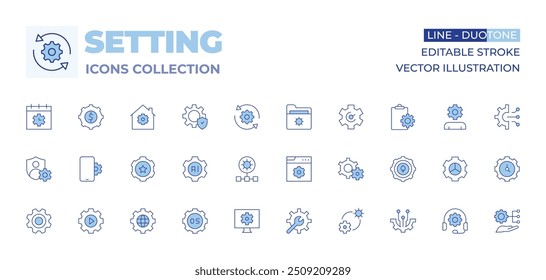 Setting icons collection. Line Duotone style, editable stroke. settings, privacy, artificial intelligence, network, smartphone, cogwheel, globe, web maintenance, operating system, setting.