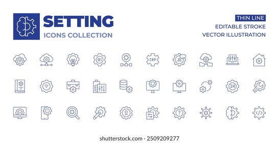 Setting icons collection. Thin Line icons, editable stroke. idea, artificial intelligence, network, job, battery, data management, settings, cloud, cloud data, guide, wifi.