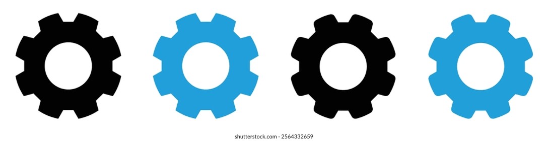 Setting icons in different style in blue and black color. Settings gears icon for apps and websites. Gear, cog, cogwheel icons. Gear tool or button for web application or UI.