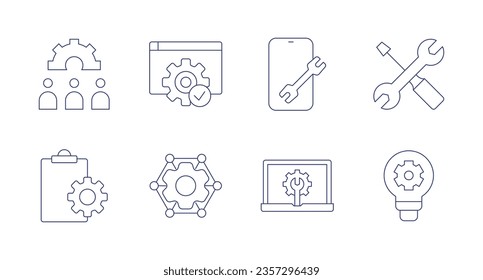 Setting icons. Editable stroke. Containing settings, repairing, tools, documentation, network, assistance, idea.