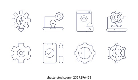 Setting icons. Editable stroke. Containing idea, web maintenance, laptop, optimization, repair, brain, connection.