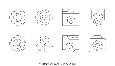 Configurando iconos. Trazo editable. Contiene globo, configuración, procesamiento de imágenes, configuración, lanzamiento de productos.