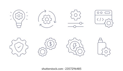 Setting icons. Editable stroke. Containing development, setup, cogwheel, coding, settings.