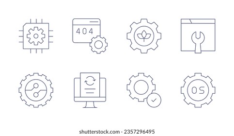 Configurando iconos. Trazo editable. Con chip, error, equipo, mantenimiento, digitalización, procesamiento de datos, instalación fácil, sistema operativo.