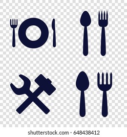 Setting icons set. set of 4 setting filled icons such as spoon and fork, plate fork and spoon, wrench hummer