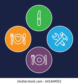 Setting icons set. set of 4 setting outline icons such as plate fork and spoon, hummer and wrench, knife