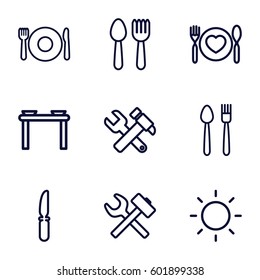 setting icons set. Set of 9 setting outline icons such as spoon and fork, plate fork and spoon, knife, contrast