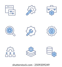 Conjunto de iconos de configuración. Estilo de línea Duotone, trazo editable. capas, Configuraciones de Web, Configuraciones, trabajo, gestión de datos.