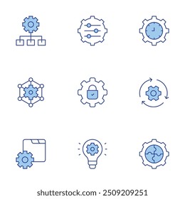 Setting icons set. Line Duotone style, editable stroke. gear, connection, settings, setting, setup, development.