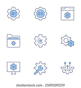 Setting icons set. Line Duotone style, editable stroke. artificial intelligence, settings, web maintenance, operating system, optimization, setting.