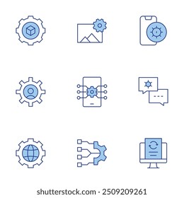 Definindo ícones. Linha Duotone estilo, curso editável. chat, processamento de dados, configurações, ajuste, sistema.