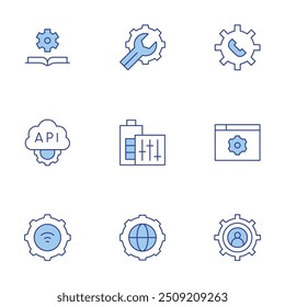 Conjunto de iconos de configuración. Línea estilo Duotone, carrera editable. api, internacional, desarrollo, Configuraciones, batería, ajuste, libro, wifi.