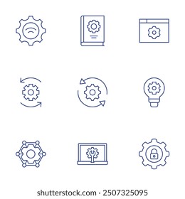 Setting icons set. Thin Line style, editable stroke. network, assistance, idea, gear, update, settings, wifi, manual book, development.