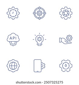 Setting icons set. Thin Line style, editable stroke. target, optimization, smartphone, support, idea, settings, api, international.