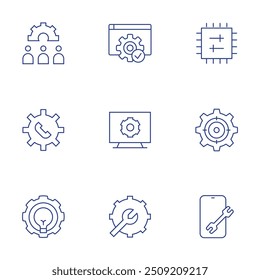Definindo ícones. Estilo de linha fina, chip de curso editável, lâmpada, configurações, reparação, configuração.