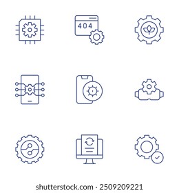 Setting icons set. Thin Line style, editable stroke. chip, error, gear, digitalization, data processing, easy installation, settings T, settings.