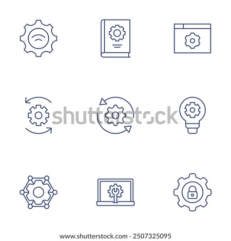 Setting icons set. Thin Line style, editable stroke. network, assistance, idea, gear, update, settings, wifi, manual book, development.