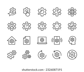 Setting icons set, Tools, Cog, Gear, help options account, Settings, Cogwheel, mechanism Operations icon button, vector, sign, symbol, logo, illustration, editable stroke, flat isolaated on white